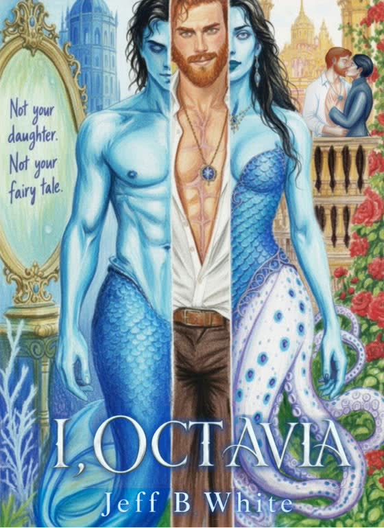 I, Octavia cover: a triptych of blue sea creatures and a red-bearded man, with the title I, Octavia by Jeff B White