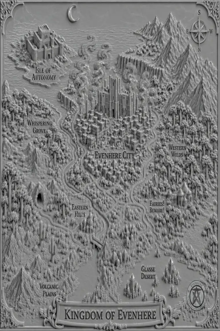 Kingdom of Evenhere — illustrated map showing Evenhere City, the Eastern Hills, the Forest, Whispering Grove, Silvarii Hollow, and the Grotto of Trust
